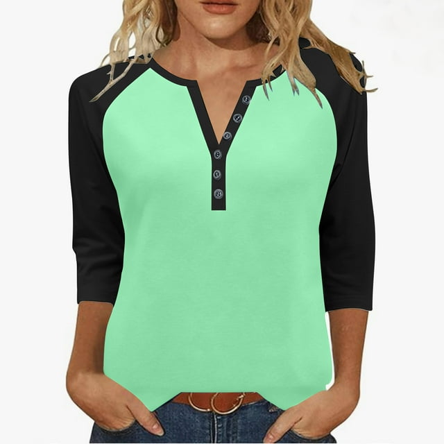 Timegard 3/4 Length Sleeve Womens Tops Button Notched V Neck Drop Shoulder Blouse Color Block Tops