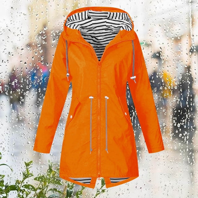 Aqestyerly Women Rain Jacket Hooded Coat Windproof Outdoor Loose Fit Lightweight Solid Color Jacket With Pocket HWRETIE