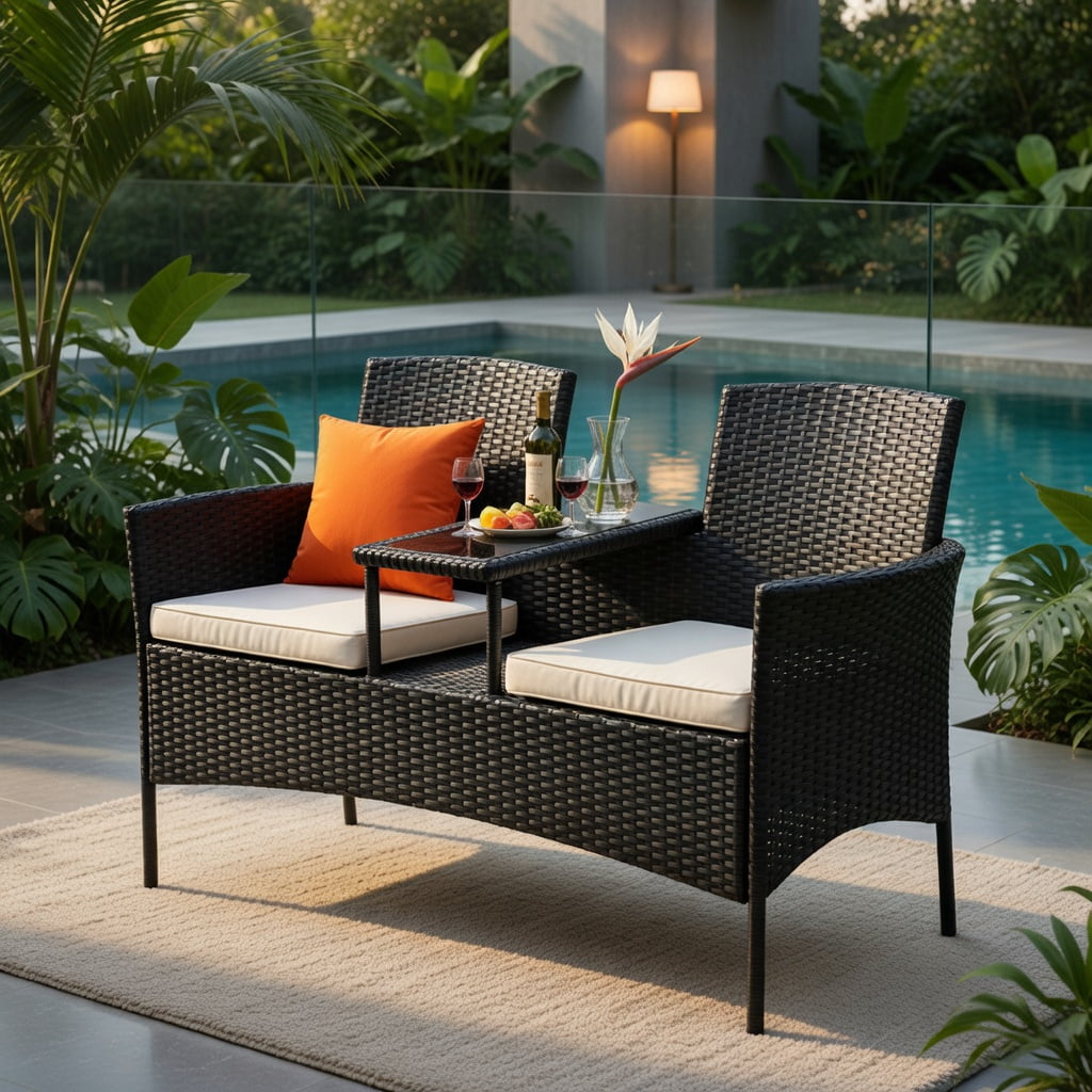 Hommoo Wicker Patio Conversation Set, Weather-Resistant Rattan Sofa with Removable Cushions, Tempered Glass Table, and Steel Frame for Backyard, Poolside or Balcony, White