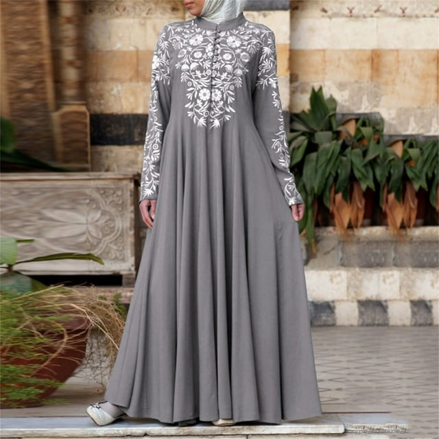 LOVZFMLL Robe Mode Femme Musulmane Robe Islamique en Dentelle à Coutures à Manches Longues Robe Maxi Gris m