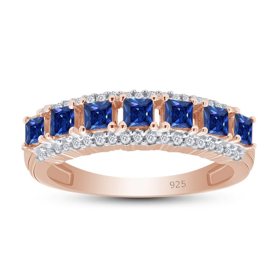 AFFY 0.70CT Blue Sapphire With White Natural Diamond Wedding Band Ring in 14k Rose Gold over Silver-6.5