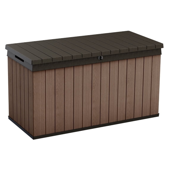 Keter Darwin 150 Gallon Resin Large Deck Box - Organization and Storage for Patio Furniture, Outdoor Cushions, Garden Tools and Pool Toys, Brown