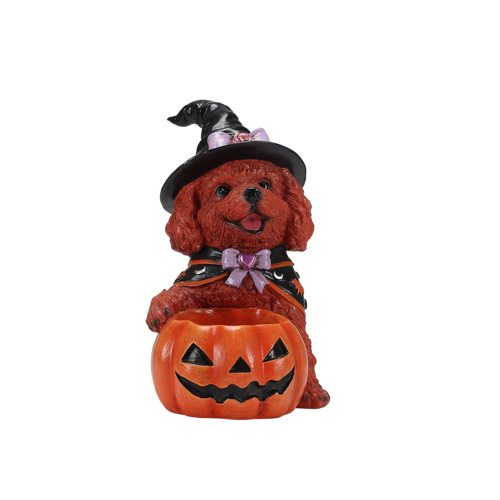 Teddy Dog Figurine 12.6 Inch, Halloween Witch Puppy Statue with Pumpkin Candy Bowl, Cute Dog Decor for Tabletop and Holiday Display, Reddish Brown and Orange-Red