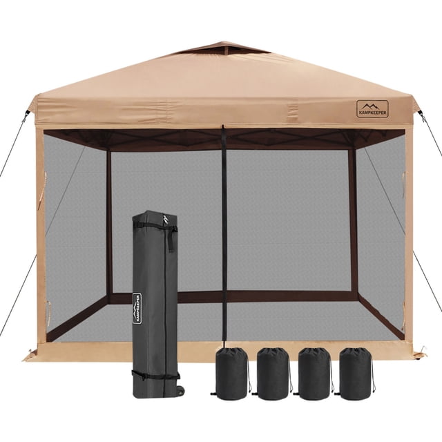 KAMPKEEPER 10x10 Pop Up Canopy Tent with Netting, Outdoor Sun Shade, Khaki