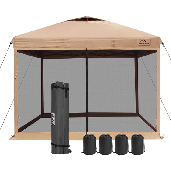 KAMPKEEPER 10x10 Pop Up Canopy Tent with Netting, Portable Outdoor Sun Shade, Khaki