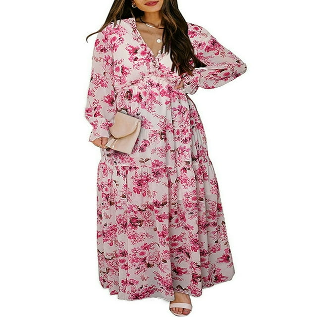 Robe Maxi pour Femmes Col en V Manches Longues Imprimé Floral Robe Évasée à Volants