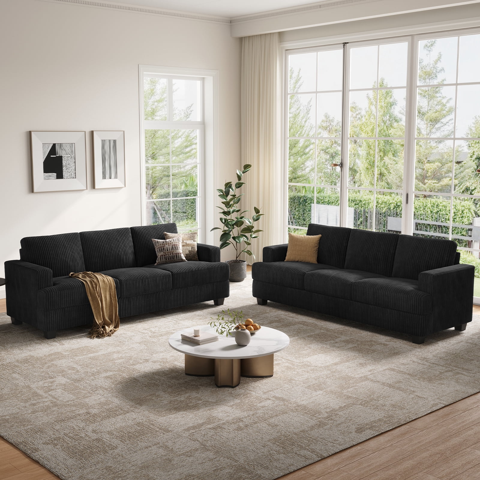BLAZANT 89" Extra Deep Seats Oversize, Wide Corduroy Fabric 3 Seater Sofa for Living Room, Modern Couch and Sofa, Comfy Armrests and Seats and Backrests, Easy Installation,Black