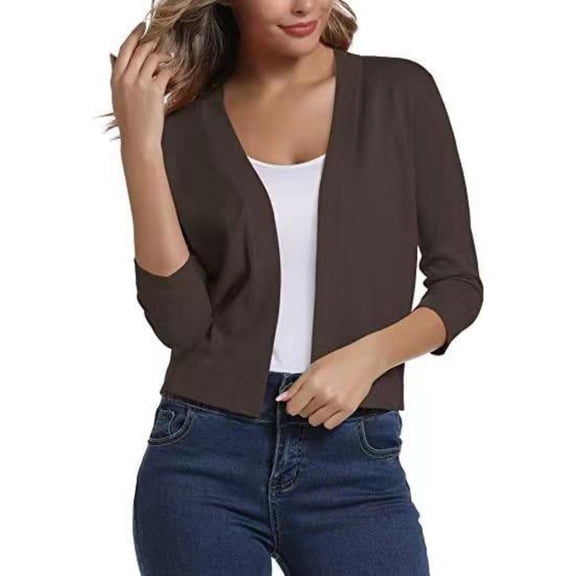 Women'S 3/4 Sleeve Cropped Cardigan Sweater Elegant Shrugs For Women Simple And Versatile Short Brown color 2XL