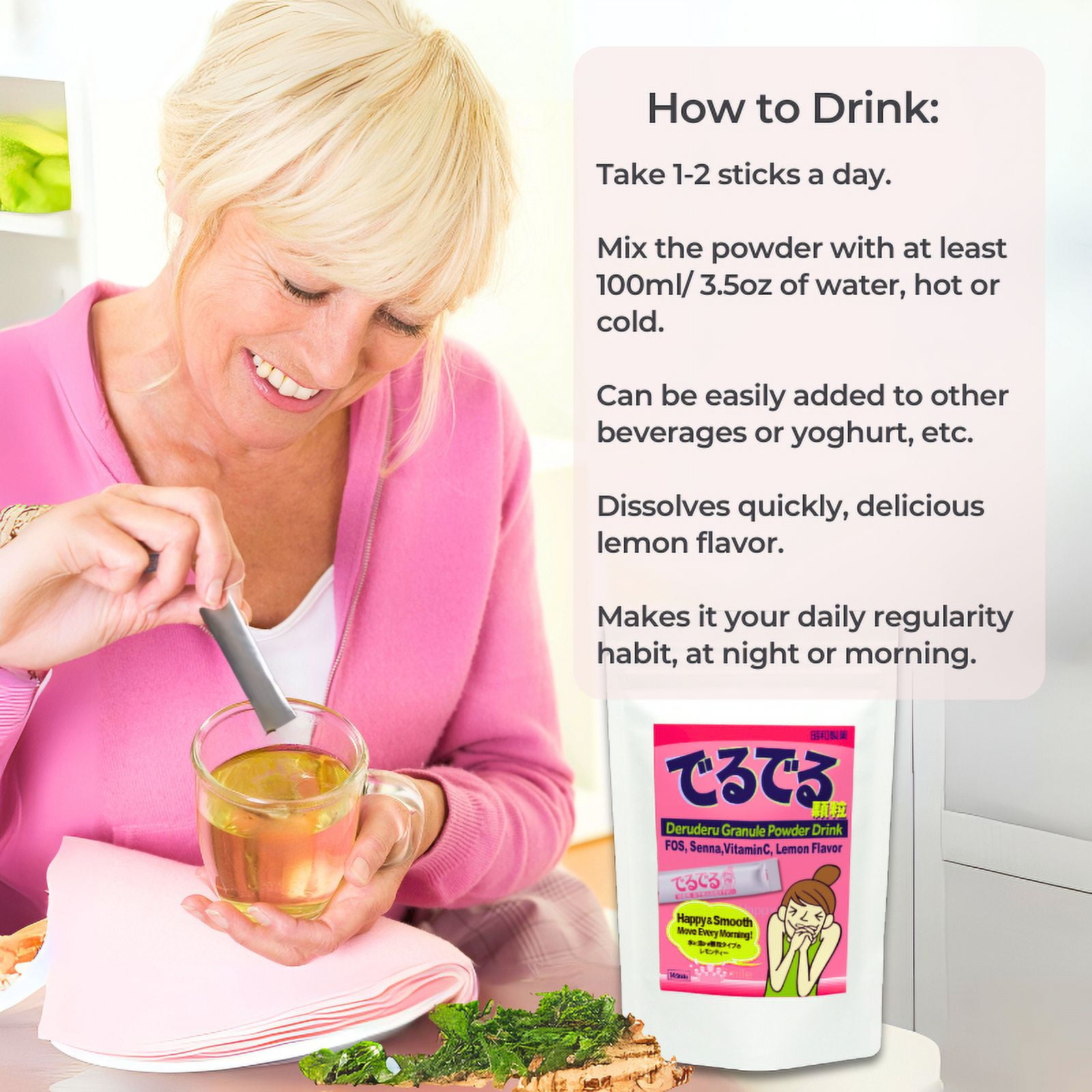 Deruderu Smooth Move Powder Drink Mix, 28 Sticks, Caffeine-Free, Sugar-Free, Gentle Herbal, Vitamins