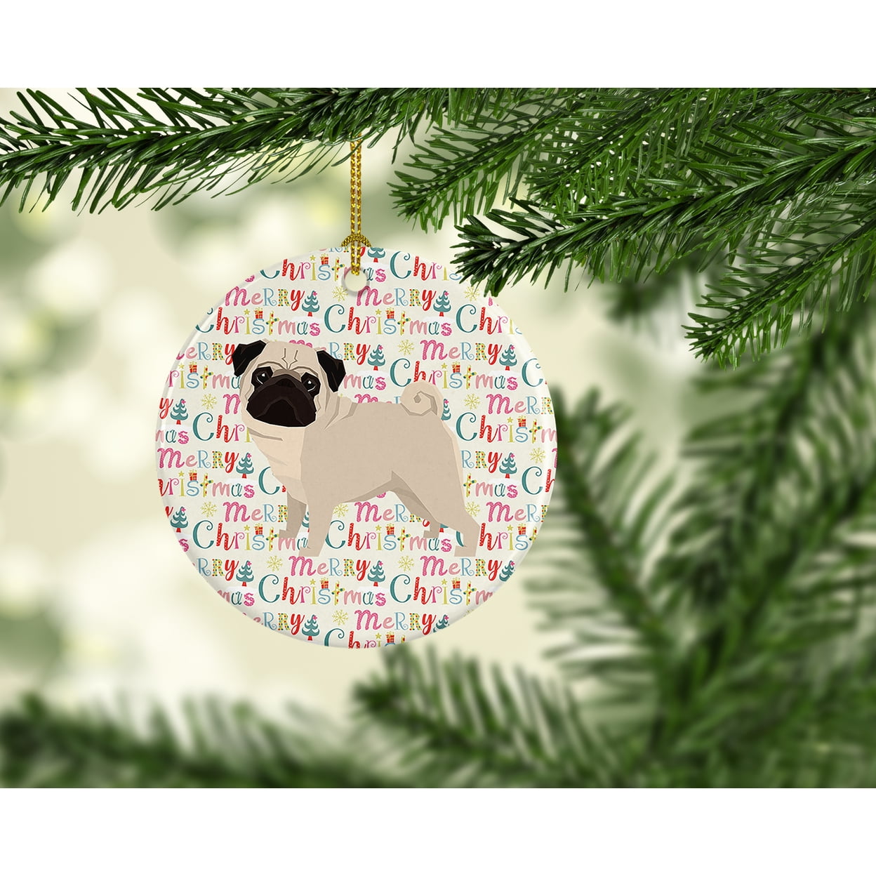 Pug Merry Christmas Ceramic Ornament 2.8 in x 2.8 in