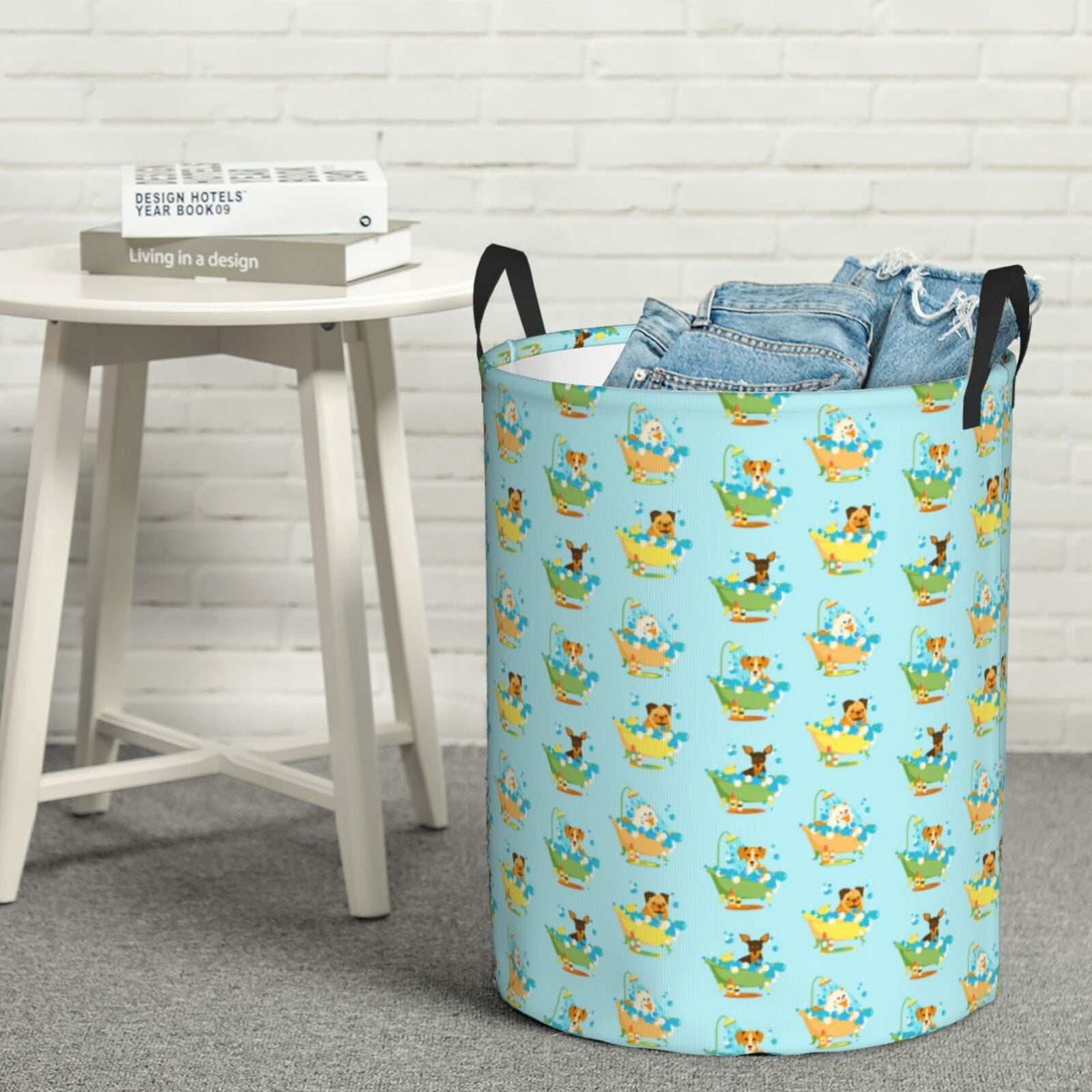 Gukieu Doggy In Bubble Bath Print Round Dirty Clothes Bag, Waterproof Standing Home Bathroom Storage Basket Car Trunk Storage Bag-Small