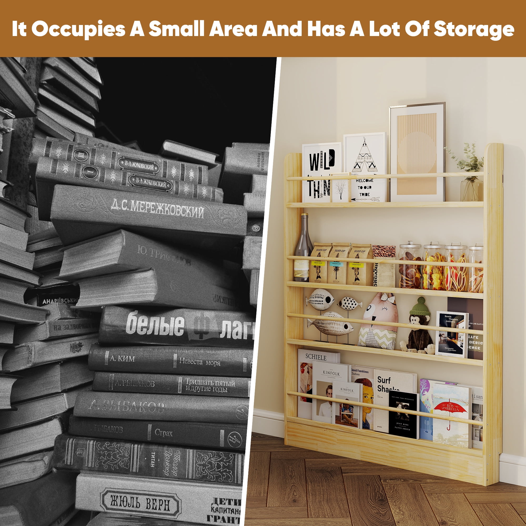 VGBYUJ Behind The Door Bookshelf, 4 Tier 47.4" Behind The Door Storage Organizer, Space-Saving Wall Mount Bookcases for Narrow Space, Solid Wood