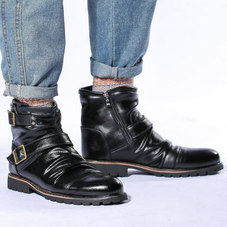 

Cathalem Casual Men Shoes Leather Mens Shoes High Top Leather Boots Vintage Belt Buckle Pleated Side Mens Leather Loafer Shoes Black 12