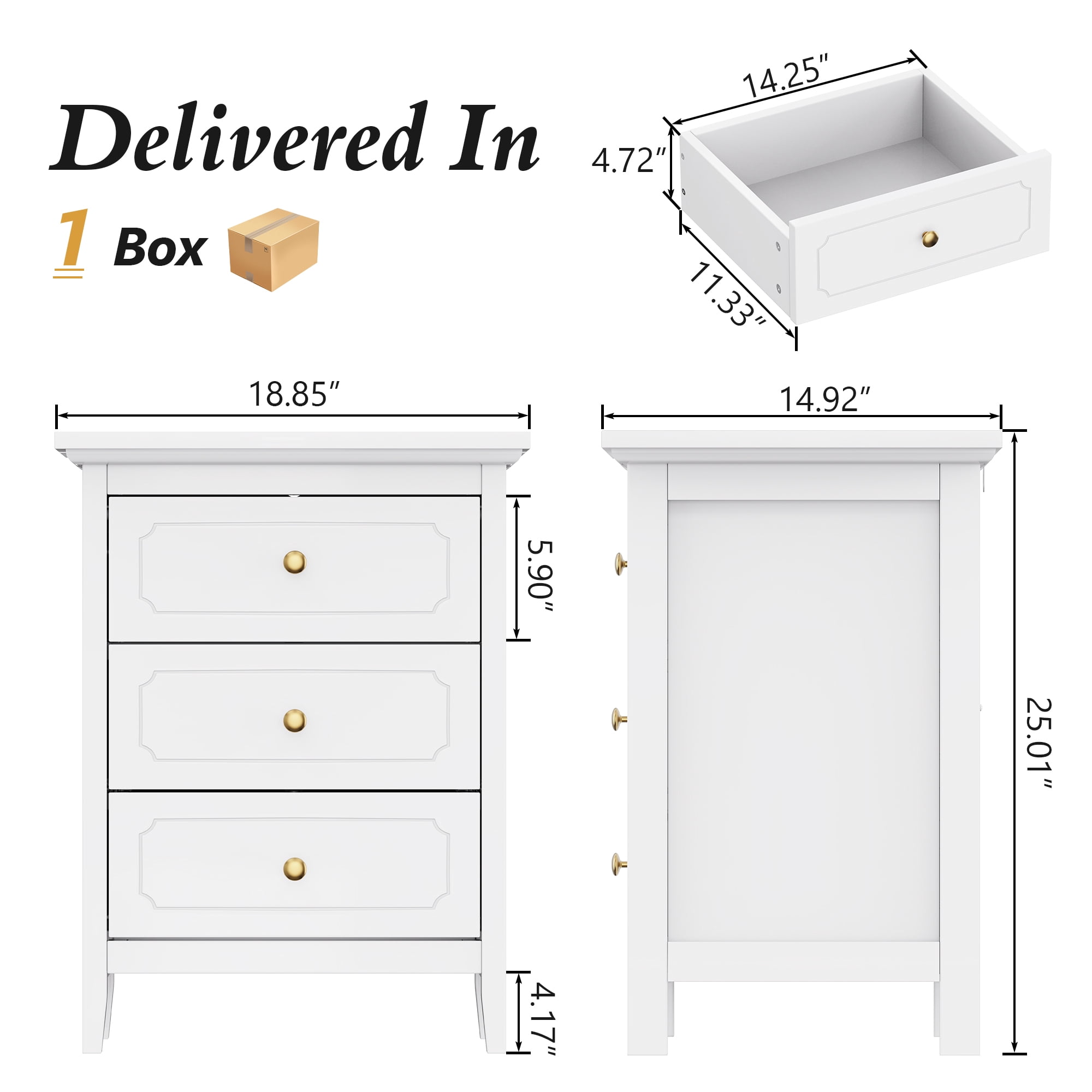 AODAILIHB Wood Nightstand with Drawers, 3-Drawer Modern Dresser, Storage Drawer Bedside Table for Living Room, Bedroom Small Space, Dorm, White