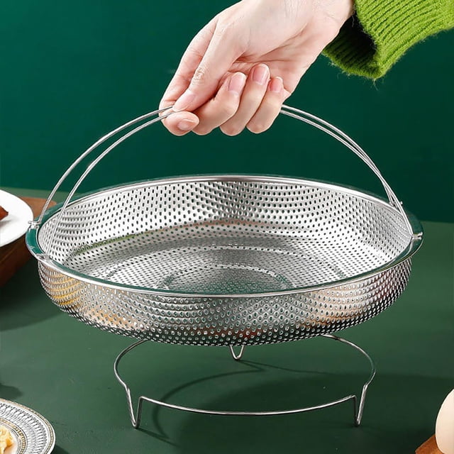 Cesta de vapor para cocinar al vapor albóndigas de verduras, lavadora de frutas, pasta de arroz, cesta de vapor de alimentos de acero inoxidable con pata base