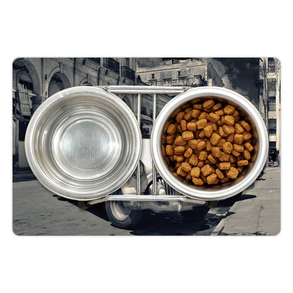 Vintage Car Pet Mat for Food and Water, Panoramic View of Shabby Old Havana Street Classic American Cars Weathered, Non-Slip Rubber Mat for Dogs and Cats, 18" X 12", by Ambesonne