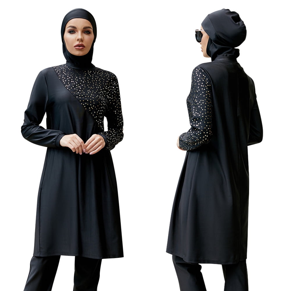 IBTOM CASTLE Muslim Swimsuits for Women Modest Islamic Arabic Swimwear Burkini Full Cover Hijab Top Pants Swimming Cap Bathing Suits S Black Dots