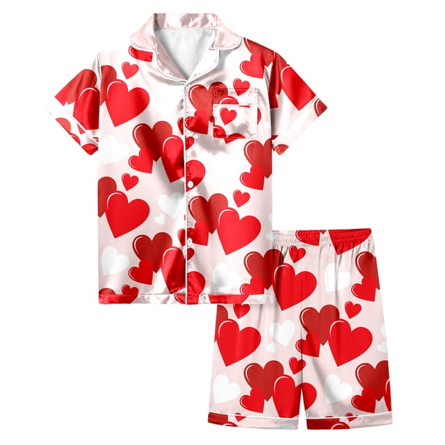PMVFHDE Pyjamas pour Filles Pyjamas Imprimés Cœur Manches Courtes Bouton Haut Shorts Ensemble de Pyjamas Maison Rouge, 4-5 Ans