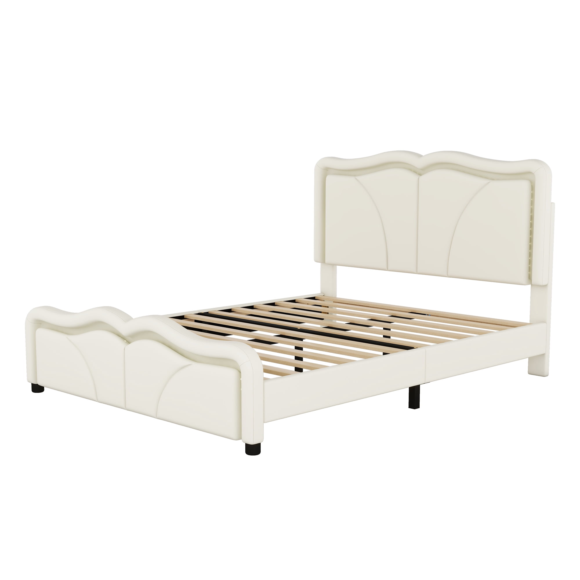 EUROCO Upholstered Full Platform Bed, Cartoon Bed with Adjustable Headboard and LED Light for Toddler Kids Teens Adults, No Box Spring Needed, Beige