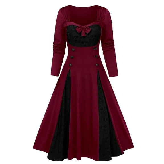 Ohufall Halloween Costumes for Women Plus Size Flowy A-line Skull Printed Gothic Witch Medieval Long Dress Fashion Retro Long Sleeve Split Hem Renaissance Dresses