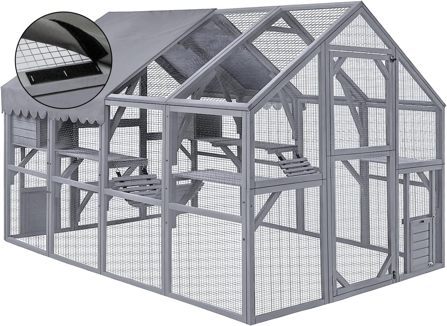 Large Catio Outdoor Cat House Enclosure Wooden Cat Cage Kitten Condo for Multiple Pets Walk in, with Bouncy Bridge, Platforms, Small Houses and Weatherproof Roof - 111”x74”x74”