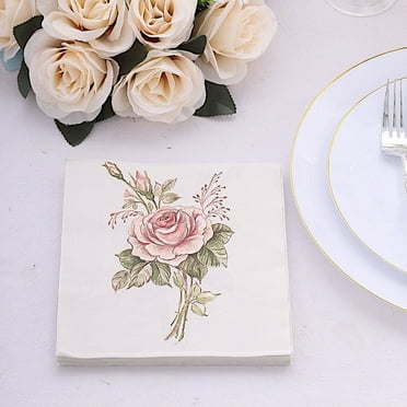 BalsaCircle 20 Ivory 13x13 in Cocktail Paper Napkins Pink Rose Design Party Events Decorations Supplies