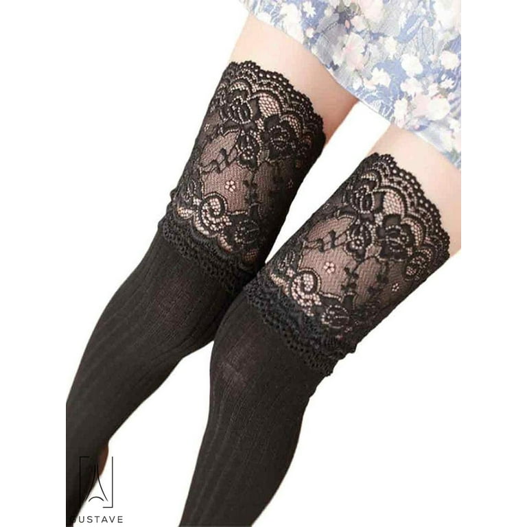 Gustave Over the Knee Knit Long Thigh High Stockings Lace Plain Leg Warmers  Boots Socks for Girls Women Black 