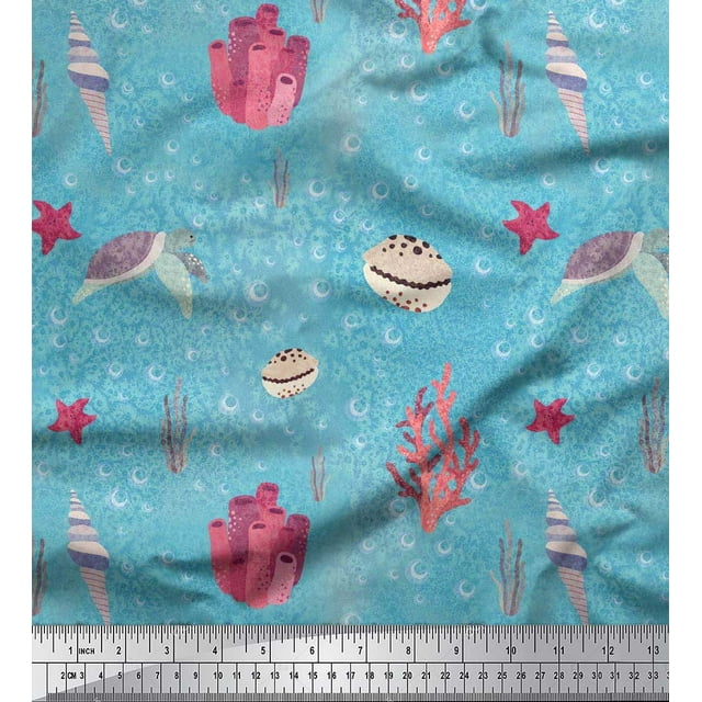 Soimoi Satin Silk Fabric Coral,Shell & Sea Turtle Ocean Print Fabric by the Yard 42 Inch Wide
