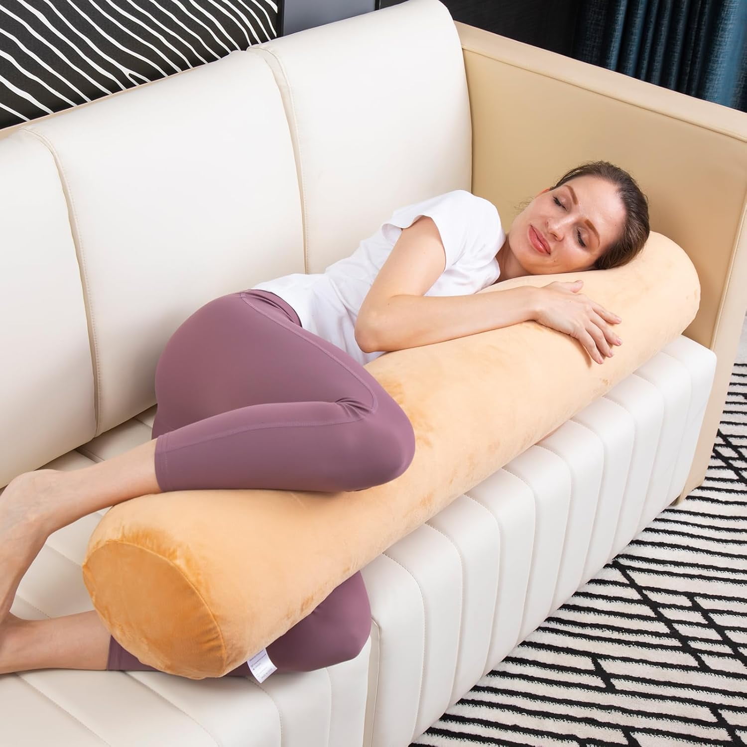 Bolster Pillow for Bed, Long Round Body Pillow for Adults with Removable Velvet Cover, Decorative Tube Roll Cylinder Pillow,