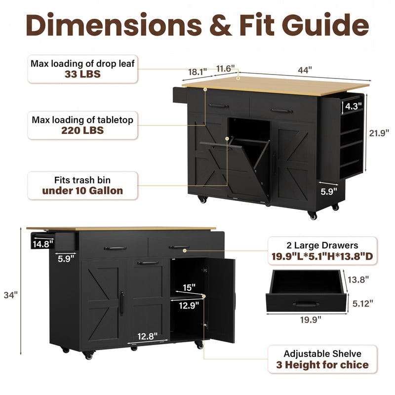 Vineego Rolling Kitchen Island with Storage, Mobile Kitchen Cart on Wheels with Drop Leaf Countertop, Drawers, Barn Doors & Side Shelves, Black with Natural Wood Top
