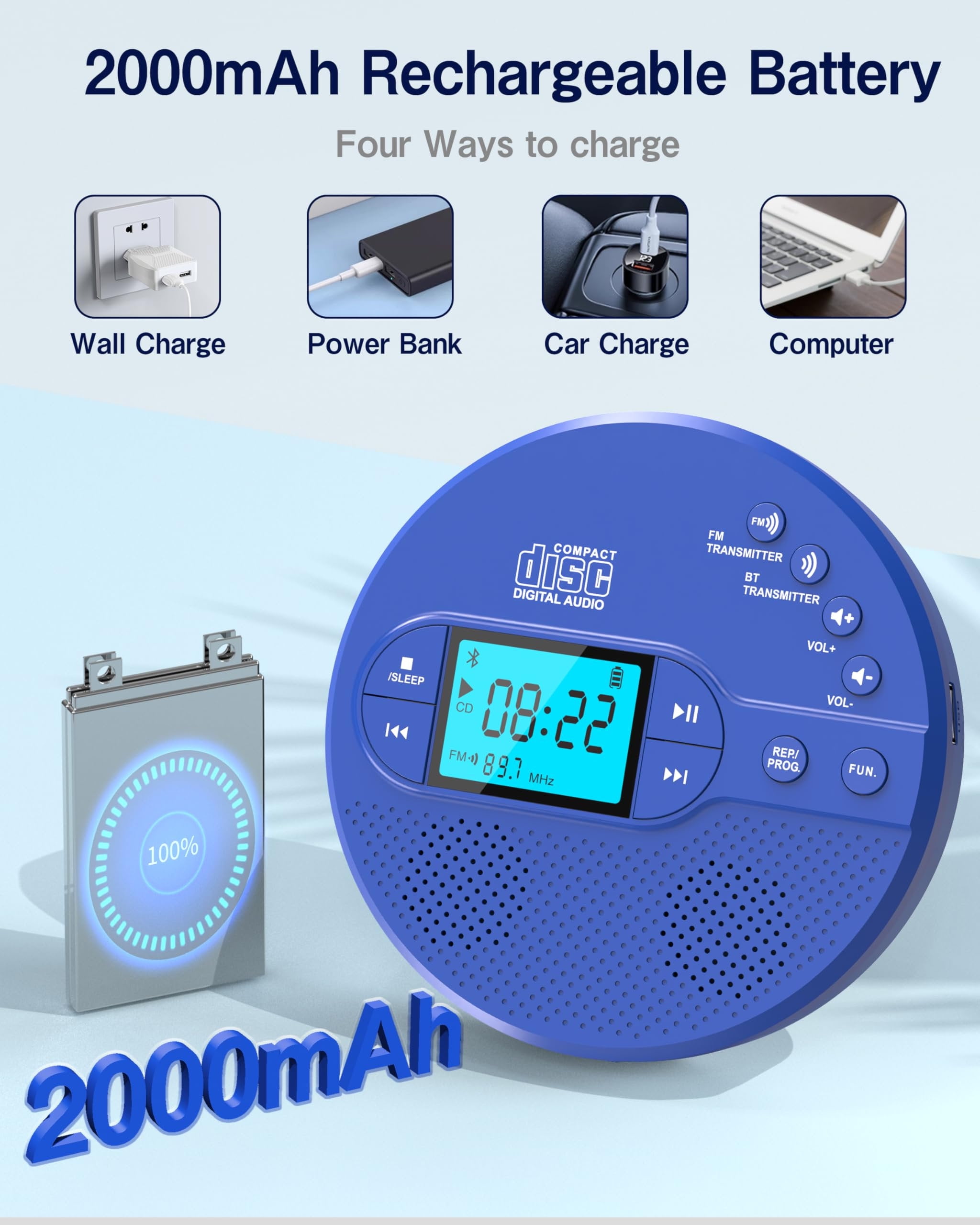 NEW 2026 CD Player Portable with Bluetooth, Greadio 2000mAh Rechargeable Discman CD Player for Car（Blue)