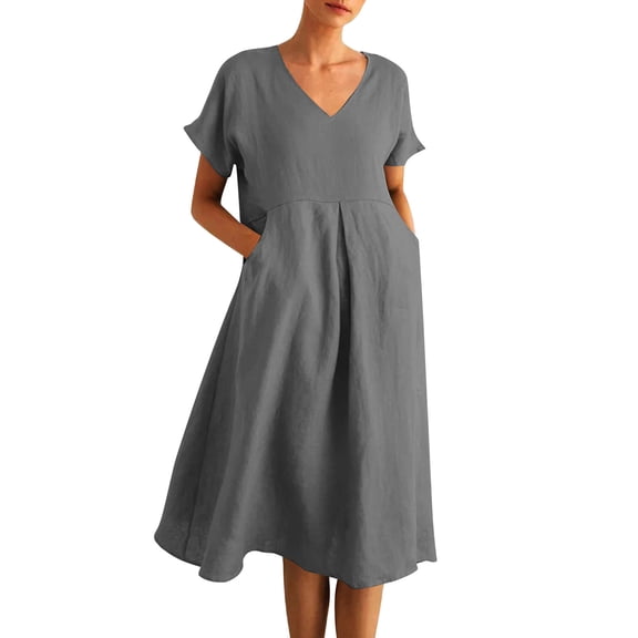 Women's Linen Cotton V-Neck Dress Short Sleeve Loose Midi Dress with Pockets, Comfortable Casual Summer Dresses,L,Gray