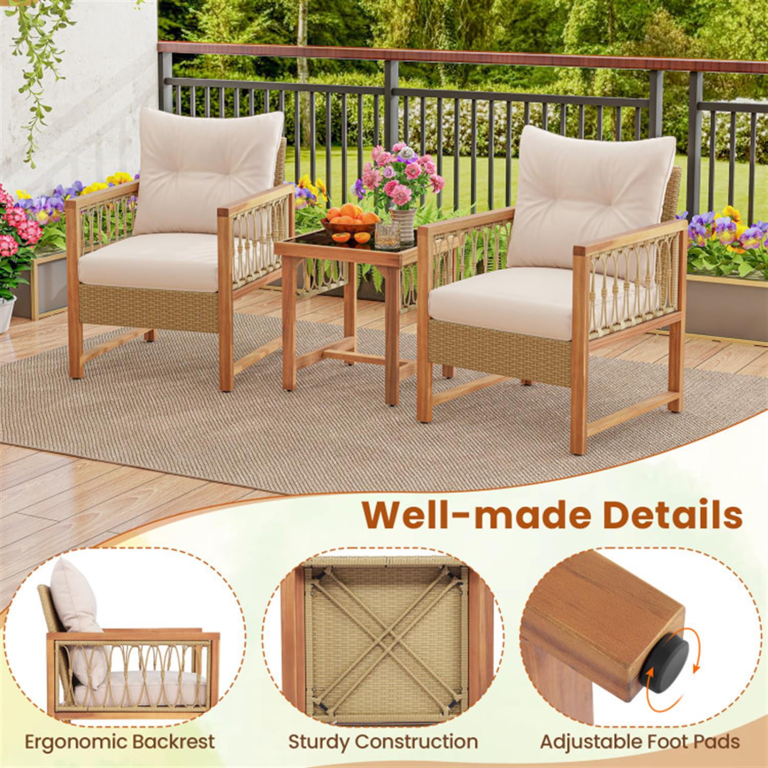 Demi Bonn 3 Pieces Patio Furniture Set with Acacia Wood Frame Cushions, Conversation Armchairs for Garden Poolside Balcony, Brown