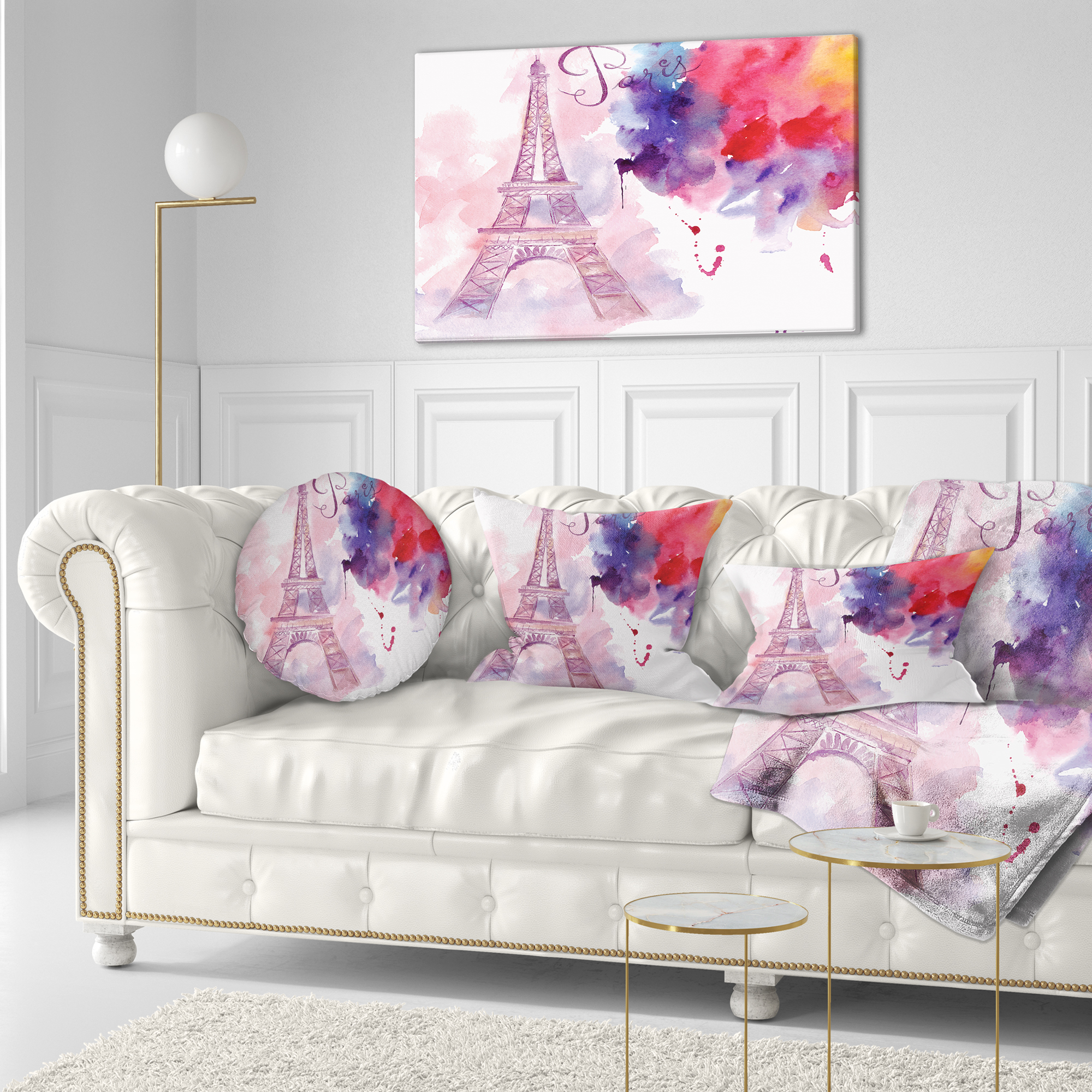 Designart Paris Eiffel Towerin Cloud of Colors - Watercolor Painting Throw Pillow - 12x20