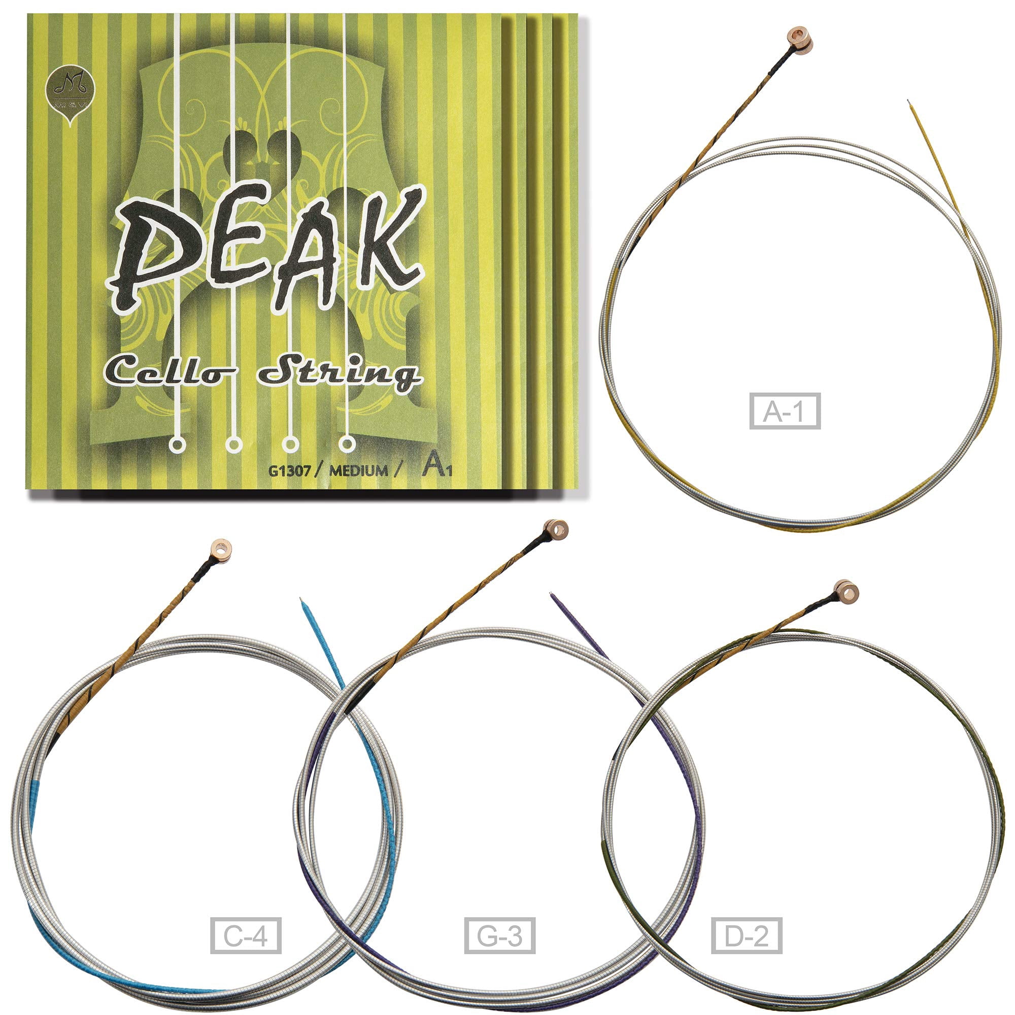 MI&VI PEAK Classic Cello Strings — 1/8 Scale Full Set (A-D-G-C) | Student Best Choice | German Steel Rope Core | Ball-Ends | Medium Gauge Tension - By MIVI Music