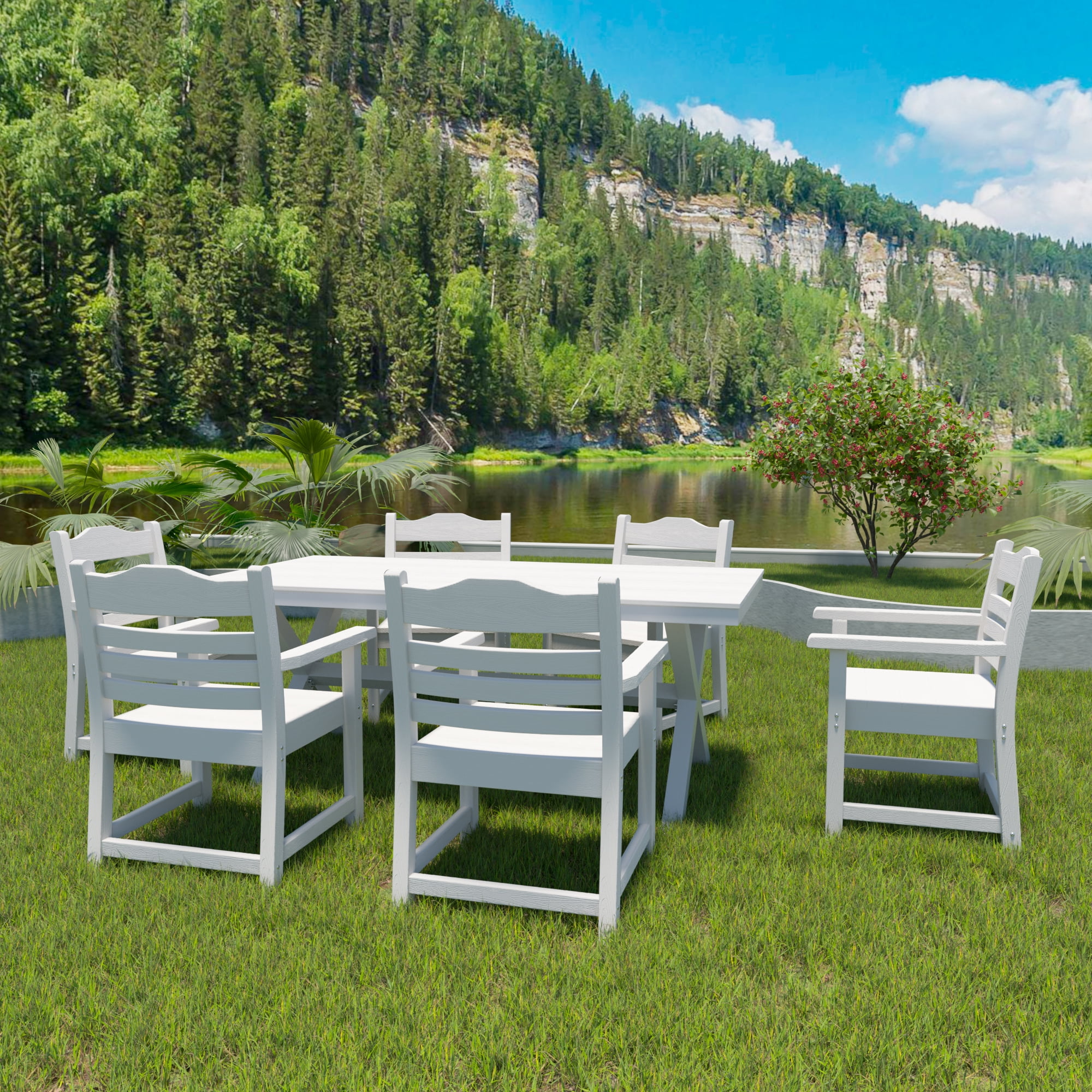 Patio Dining Chair with Arms Set of 2, Pure White with Imitation Wood Grain Texture for Deck Pool, White