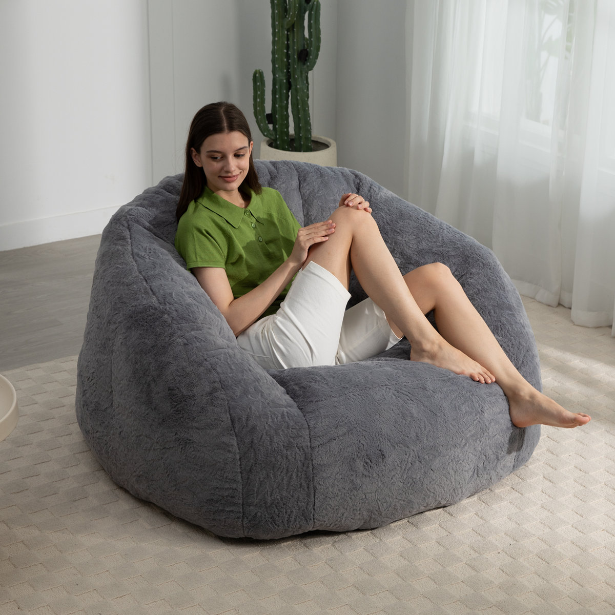 Ebenchico 3.9ft Bean Bag Chair for Adults Teens Kids, Shell Shape Faux Fur Beanbag Chairs, Memory Foam Filled Floor Chair for Reading, Gaming, Relaxing(Dark Gray)