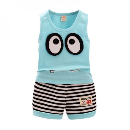 

Promotion!Summer Kid Clothes Set Cartoon Style Baby Boy/Girls Vest+ Stripe Shorts 2pcs Clothing Set Children Sport Suit