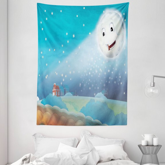Moon Rays Tapestry, Cartoon Style Lunar Smiling on a Rural House, Wall Hanging for Bedroom Living Room Dorm Decor, 60W X 80L Inches, Sea Blue Off White Burnt Sienna Pistachio Green, by Ambesonne