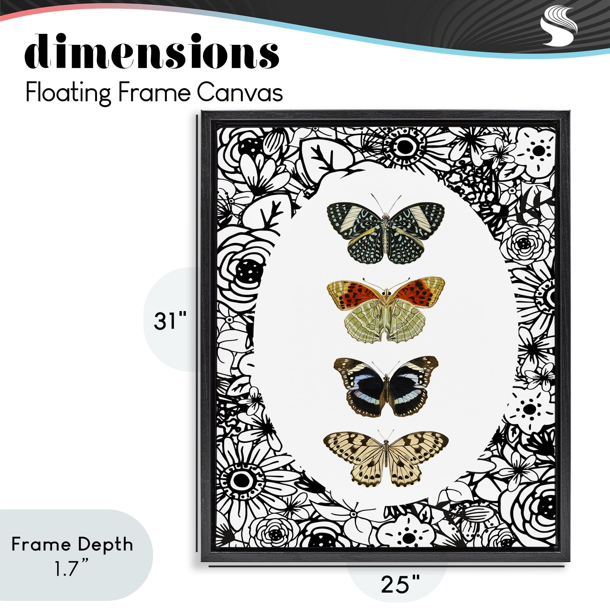 Stupell Industries Floral Butterfly Lineup Black Framed Floater Canvas Wall Art, design by Dan Meneely