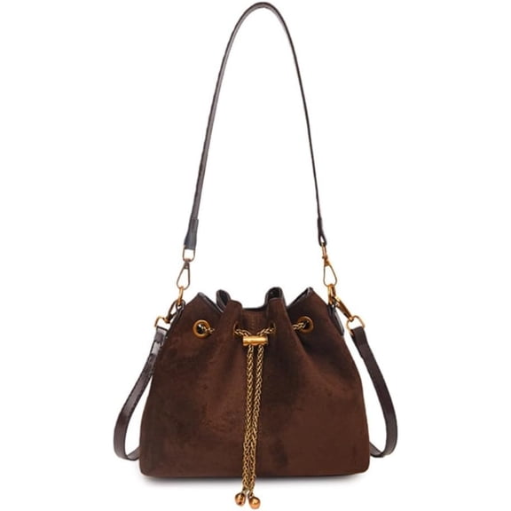 Mini Suede Bucket Bag for Women Drawstring Faux Brown Suede Purse Vintage Leather Crossbody Shoulder Bag Work Travel