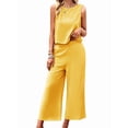 thumbnail image 2 of Women'S Summer 2 Piece Outfits Set Round Neck Sleeveless Tank Crop Top Wide Leg Pants Set with Pockets Yellow L, 2 of 9