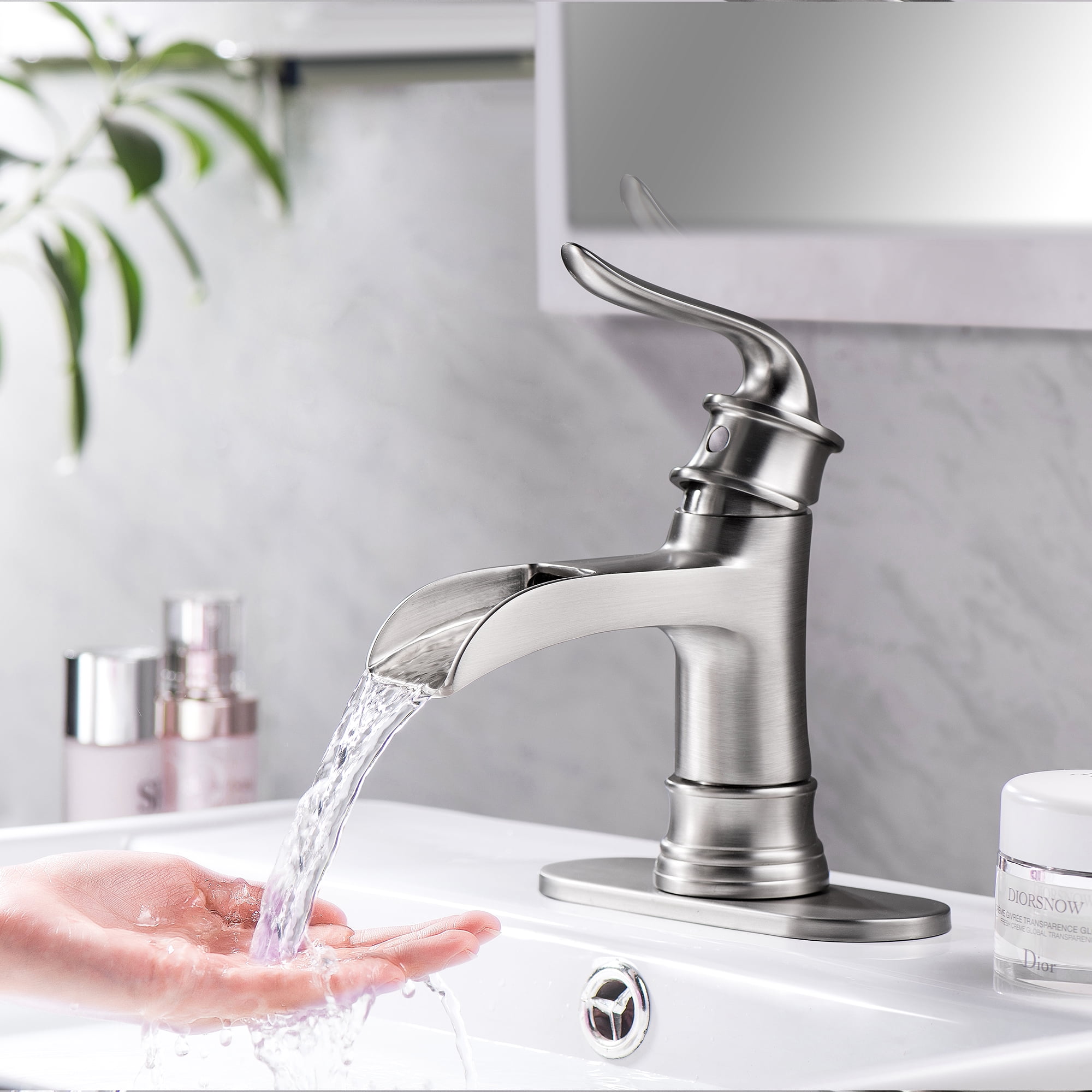 Brushed Nickel Single Handle Waterfall Bathroom Faucet