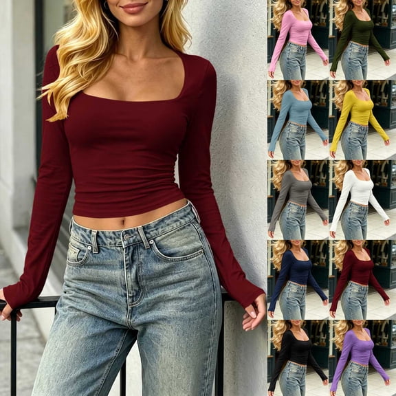 LIaqionyy Women's Square Neck Shirt Long Sleeve Tees Going out Tops Casual Slim Fall Cropped Layering Top