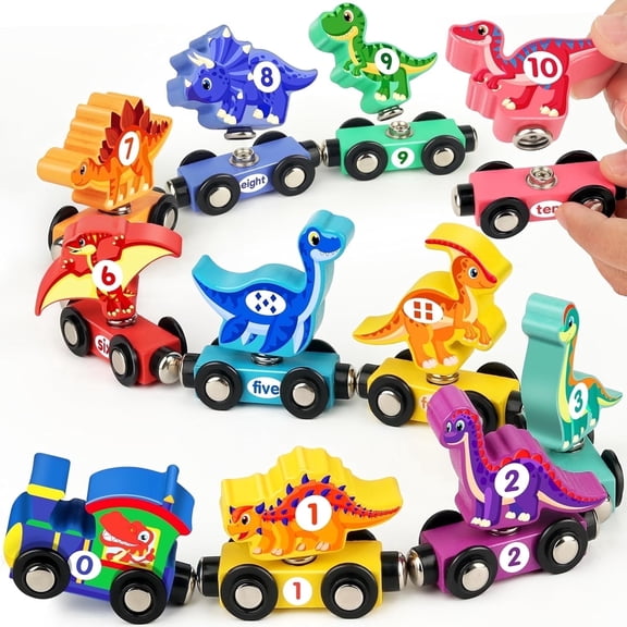 Wooden Train Set with Dinosaurs Toys - Vanmor Toys for Toddlers,Educational Toddler Matching and Magnetic Number Train Learning Toys for Kids Ages 3-5. Montessori Gift for Boys and Girls，11PCS