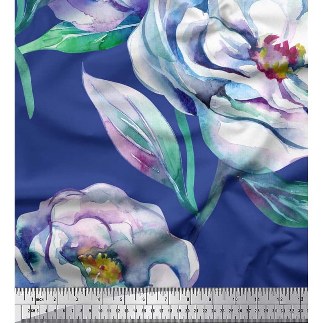 Soimoi Blue Cotton Duck Fabric Leaves & Floral Print Sewing Fabric BTY 56 Inch Wide