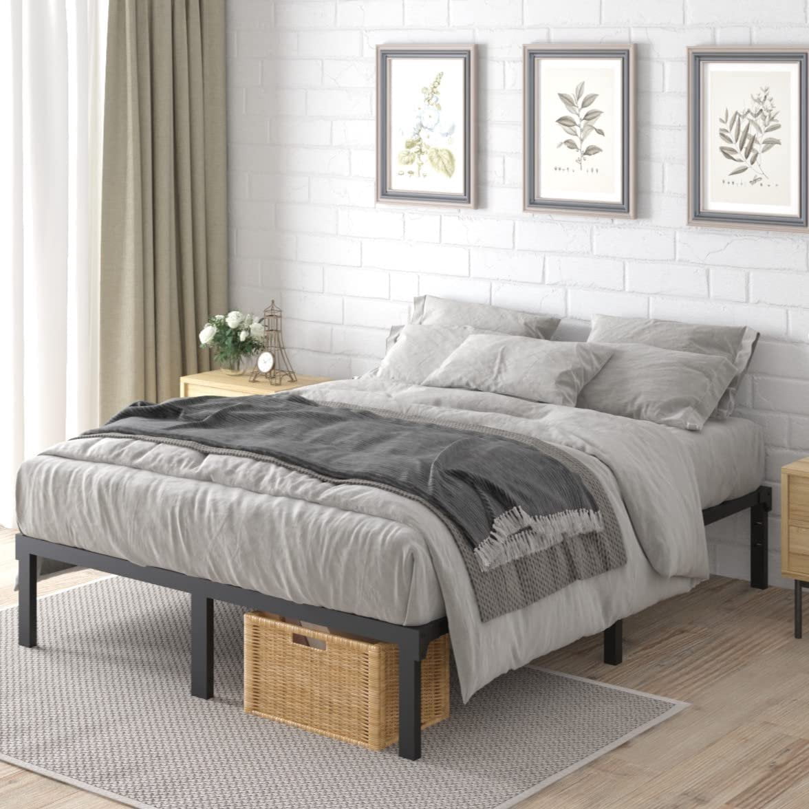 SUGIFT 14in Full Size Bed Frame Metal Platform with Steel Slats Support for Adult, Black