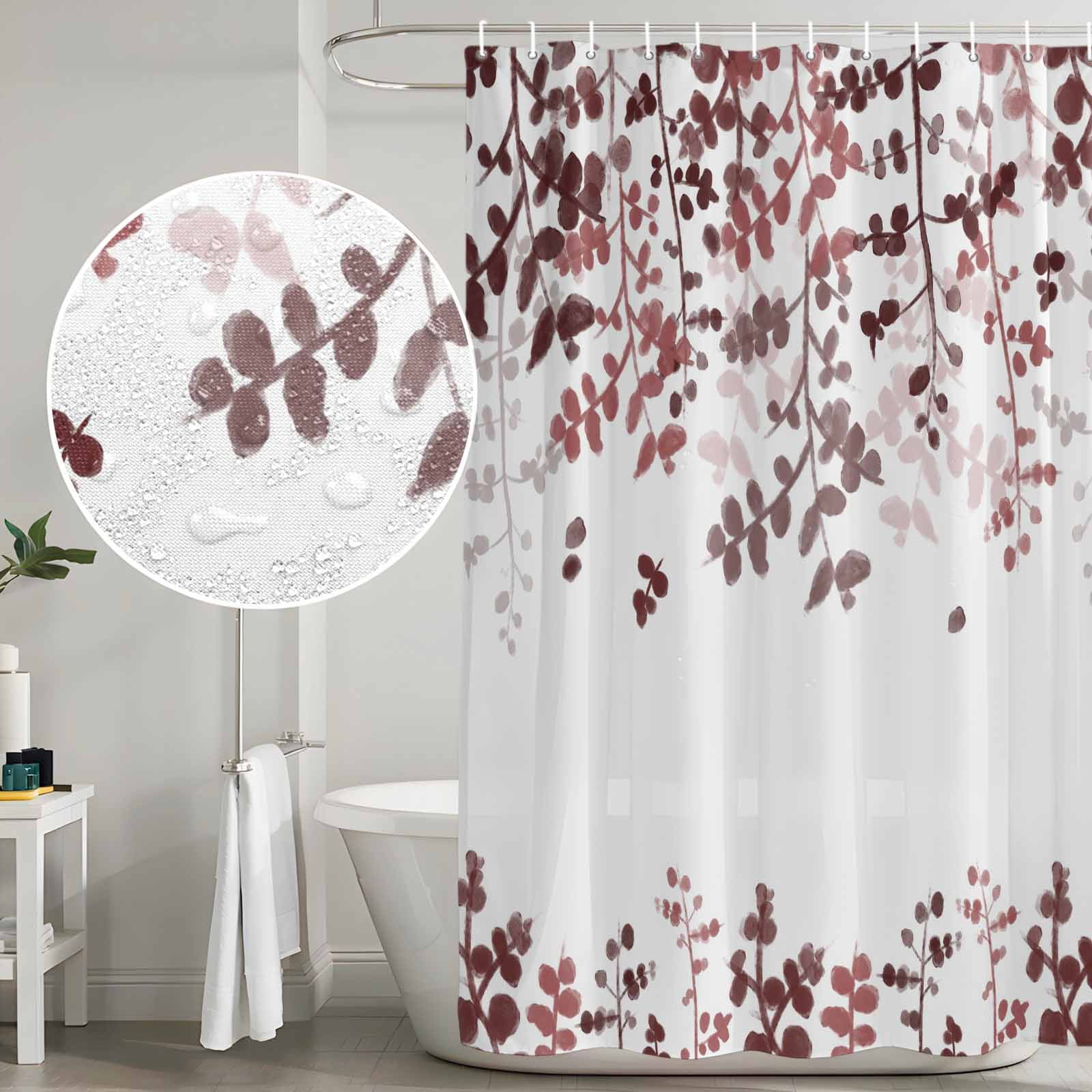 Leaves Shower Curtain, Waterproof Shower Curtains for Bathroom, Pink Brown Summer Botanical Washable Fabric Bathtub Curtain Set Bath Decor with 12 Hooks Standard 72"x72"