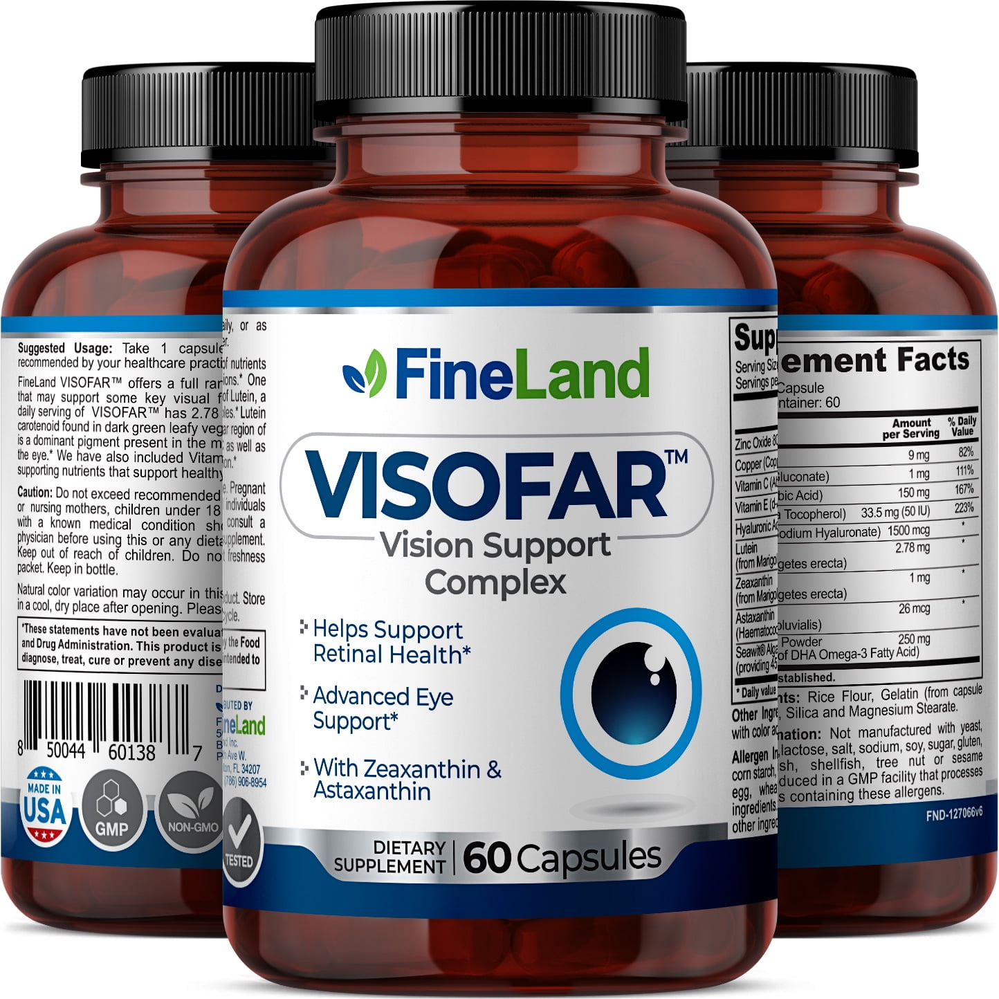 Fineland Vitamins VISOFAR Vision Support Complex Advanced Eye Support with Zeaxanthin Astaxanthin 60 Capsules