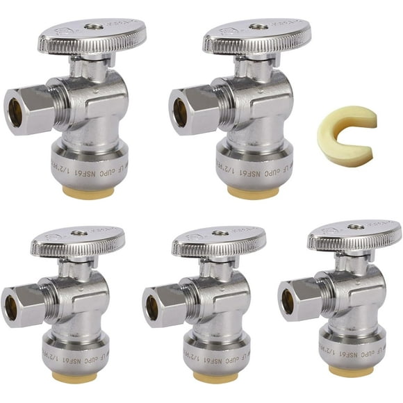 Qucyy Push Fit 1/4 Turn Angle Stop Valve,1/2 Push X 3/8 Inchression Water Shut Off Valves with Disconnect Clip, for PEX, Copper, CPVC(5Pack) 5Pack